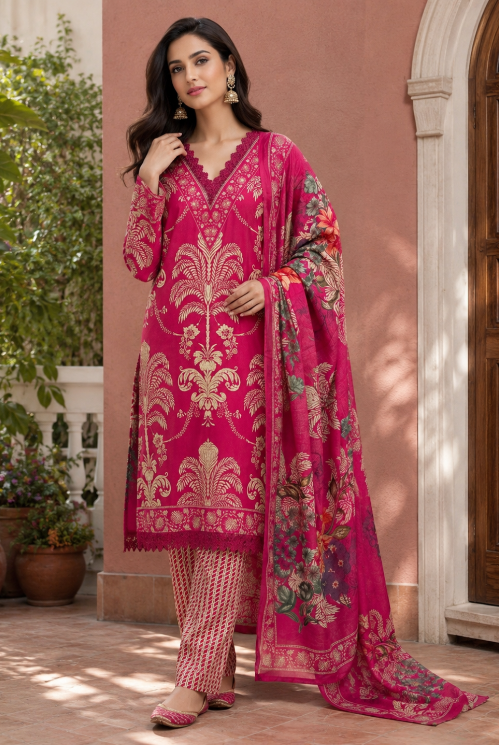 Rani Pink Designer Printed Suit Set with Dupatta