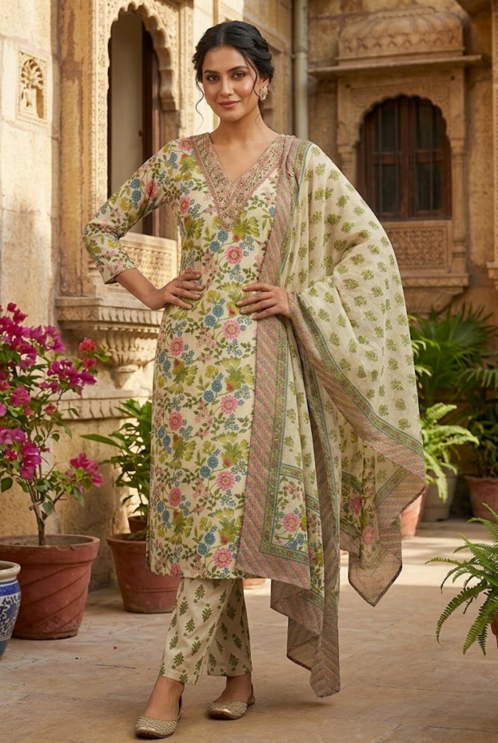 Ivory Floral Printed Designer Suit Set with Dupatta