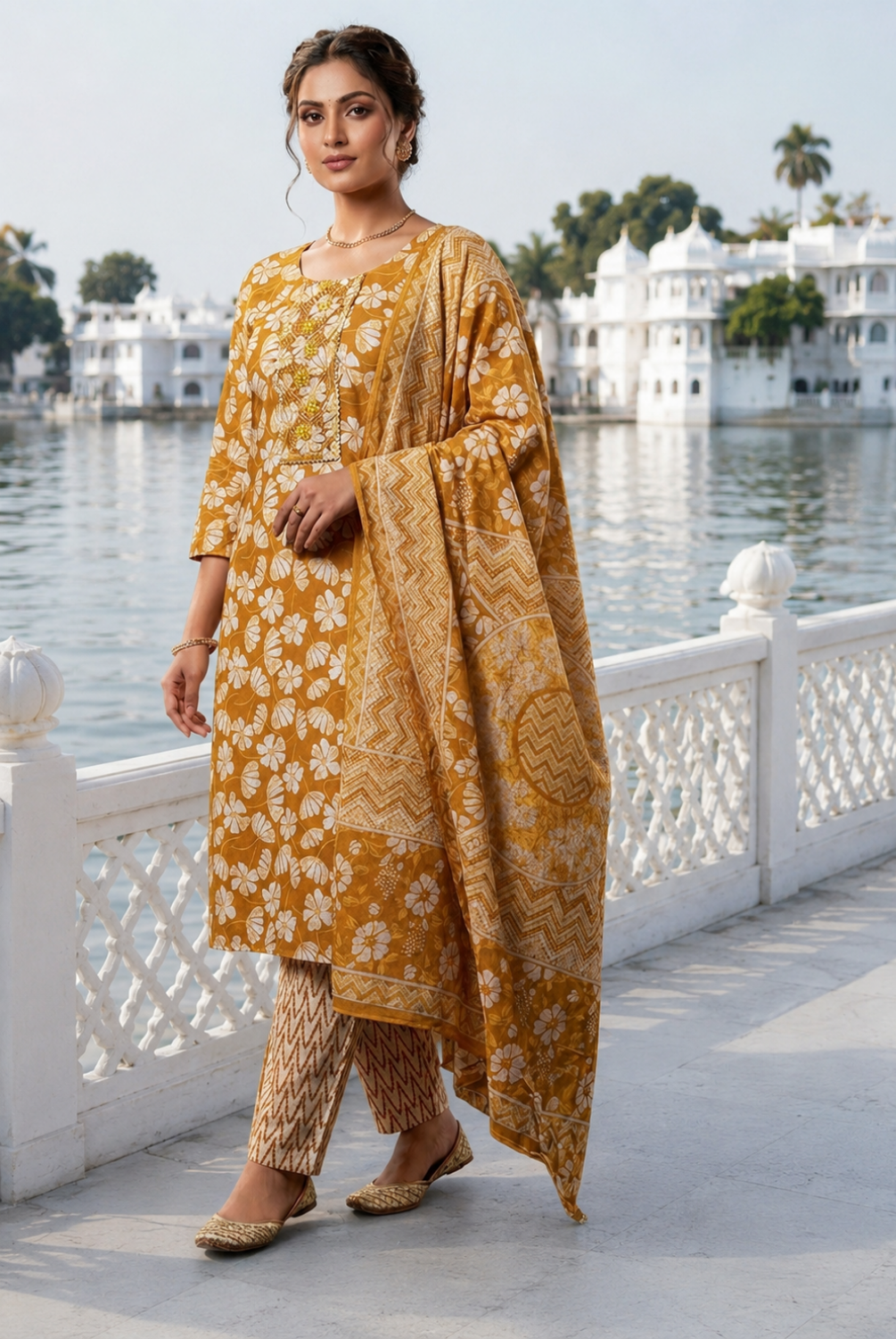 Mustard Floral Printed Cotton Suit Set with Dupatta