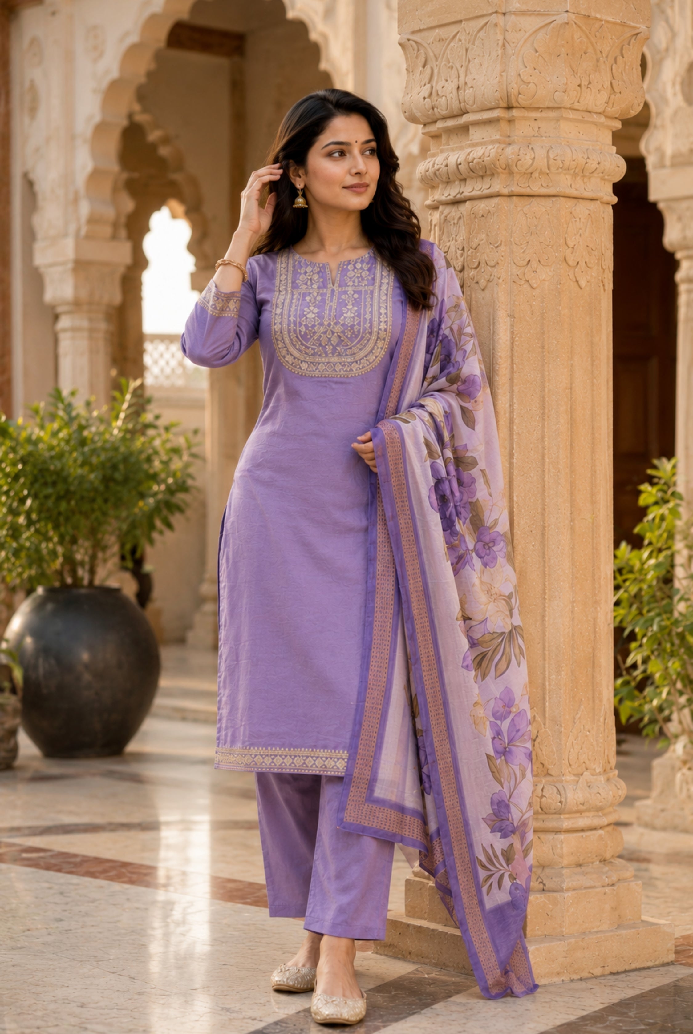 Lavender Floral Elegance Rayon Suit Set
