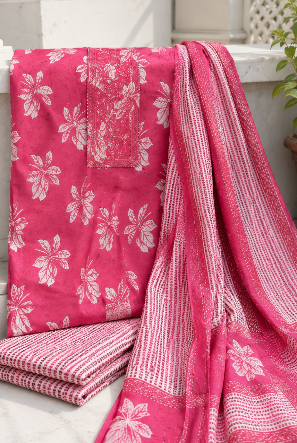 Pink Floral Printed Cotton Suit Set with Dupatta