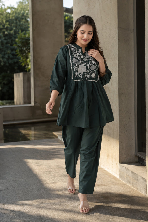 Emerald Green Floral Embroidered Cotton Kurti