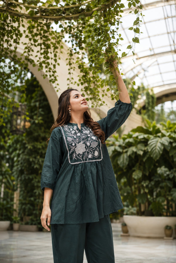 Emerald Green Floral Embroidered Cotton Kurti