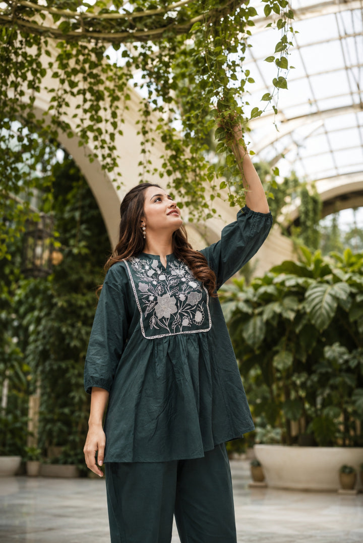 Emerald Green Floral Embroidered Cotton Kurti