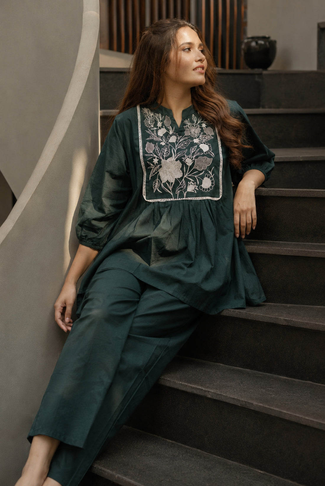 Emerald Green Floral Embroidered Cotton Kurti