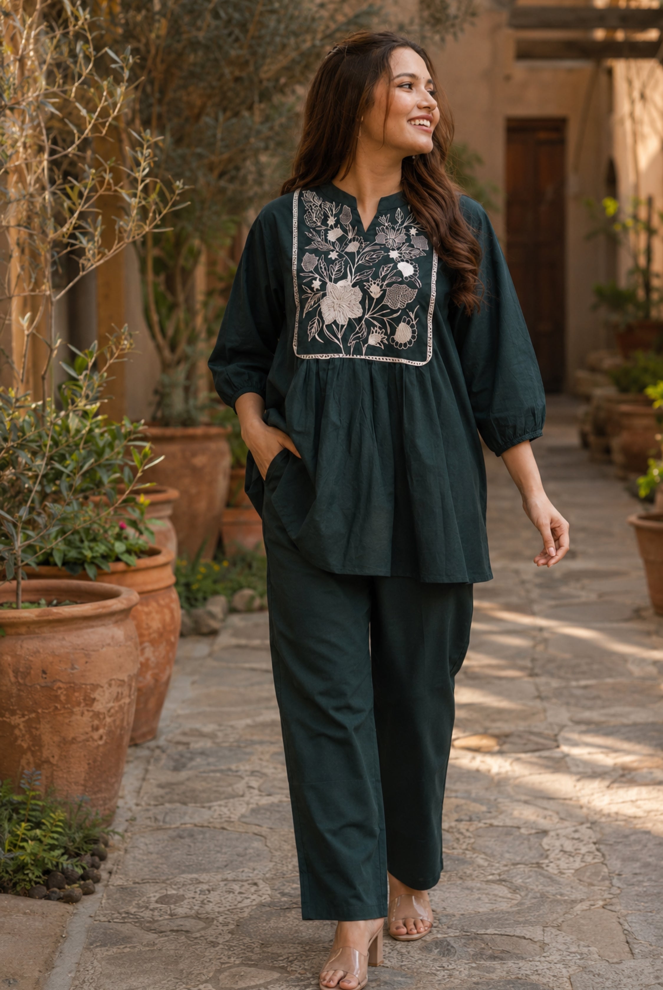 Emerald Green Floral Embroidered Cotton Kurti