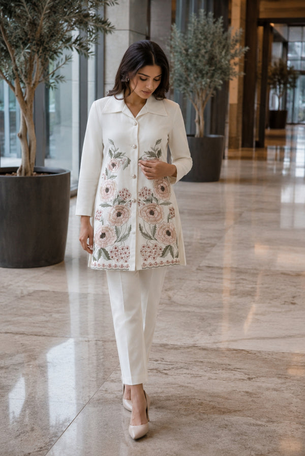 Ivory Floral Embroidered Cotton Long Kurti