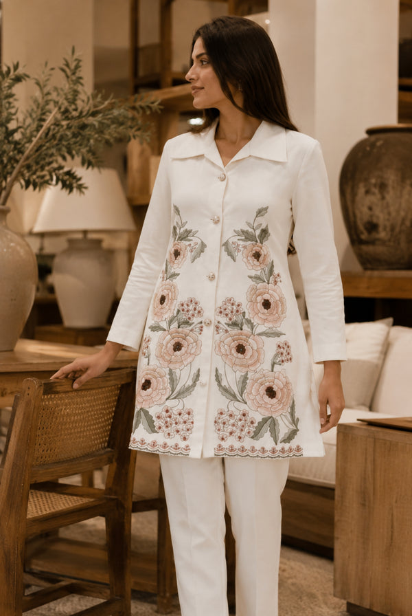 Ivory Floral Embroidered Cotton Long Kurti