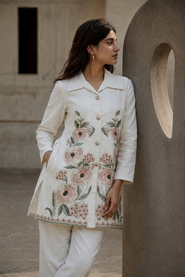 Ivory Floral Embroidered Cotton Long Kurti