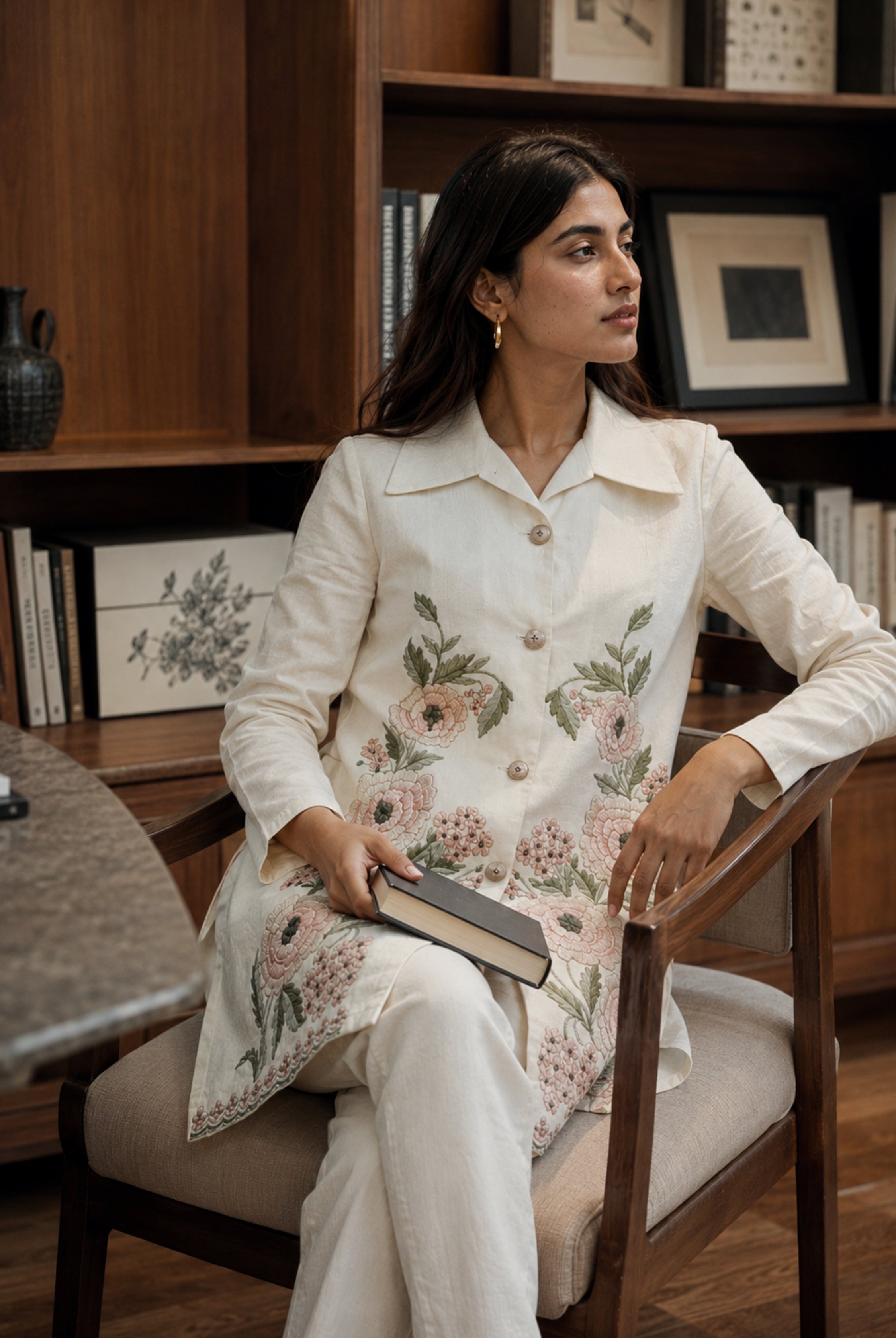 Ivory Floral Embroidered Cotton Long Kurti