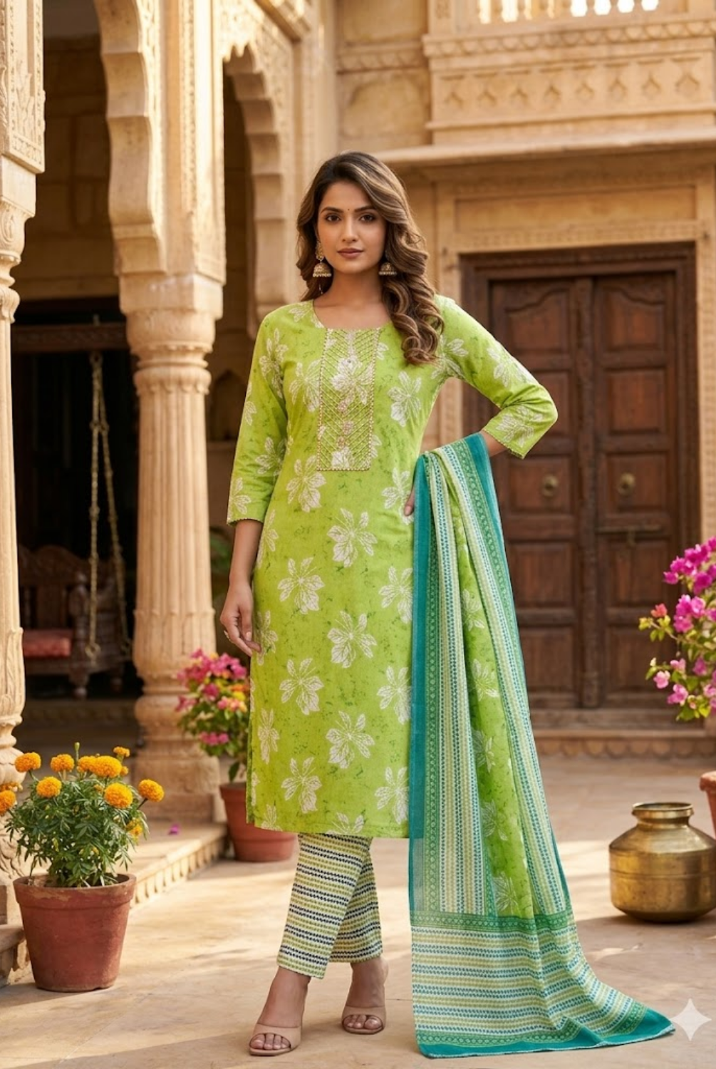 Lime Green Floral Printed Cotton Suit Set with Dupatta