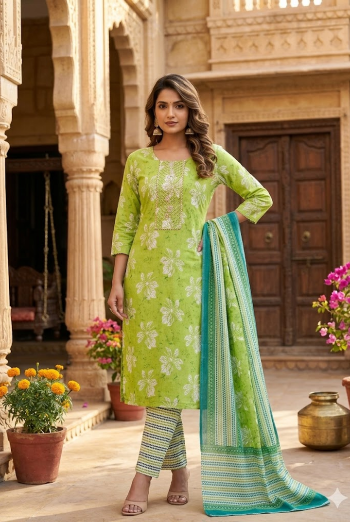 Lime Green Floral Printed Cotton Suit Set with Dupatta