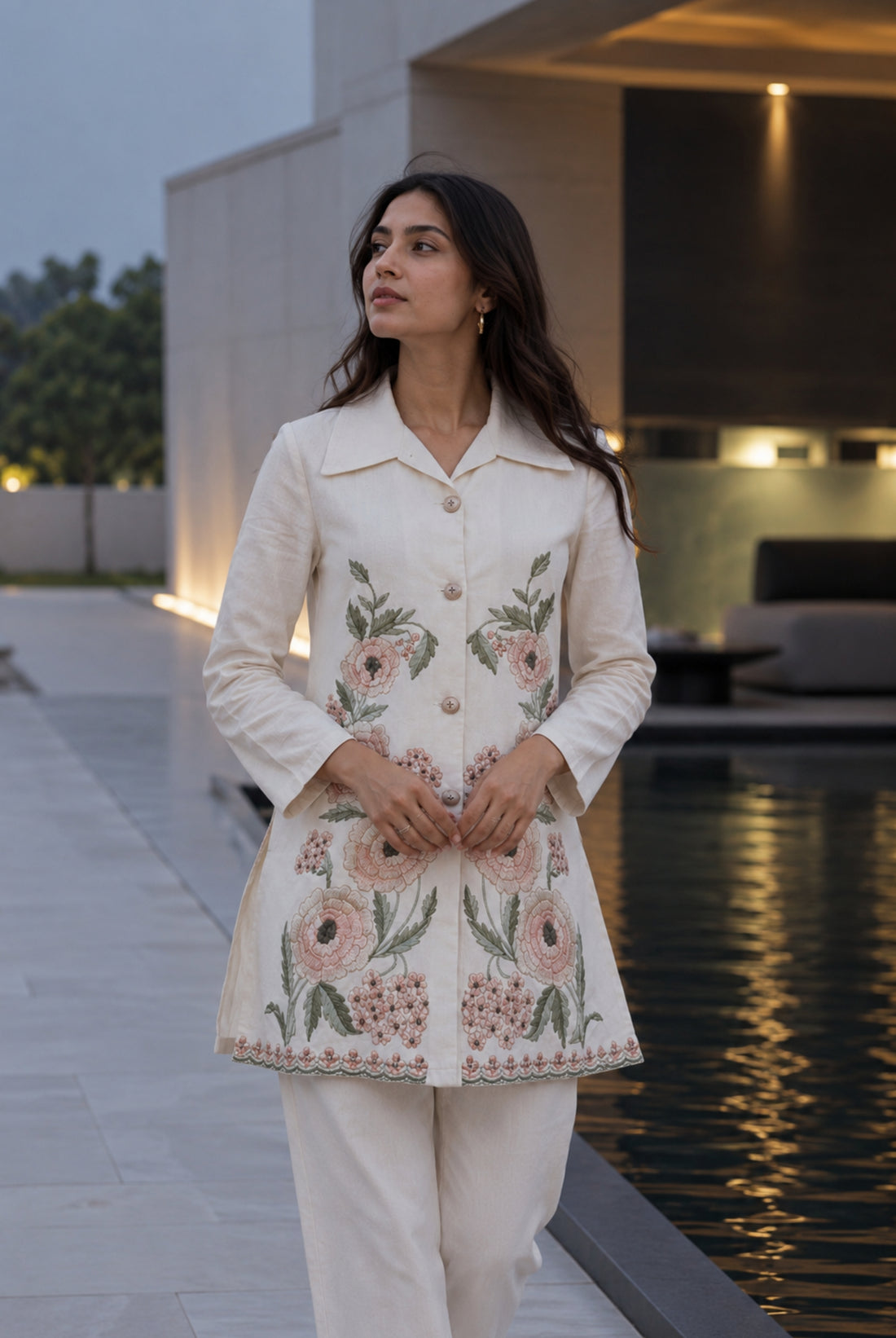 Ivory Floral Embroidered Cotton Long Kurti