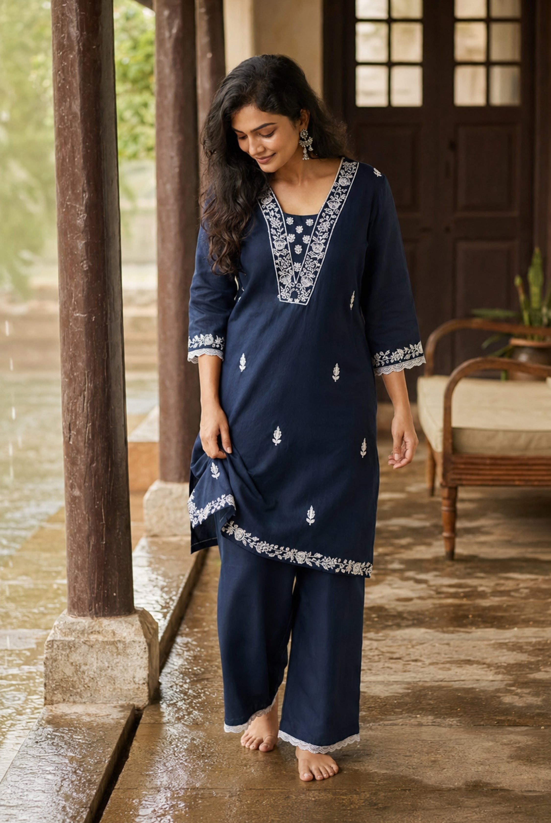 Midnight Blue Embroidered Cotton Long Kurti