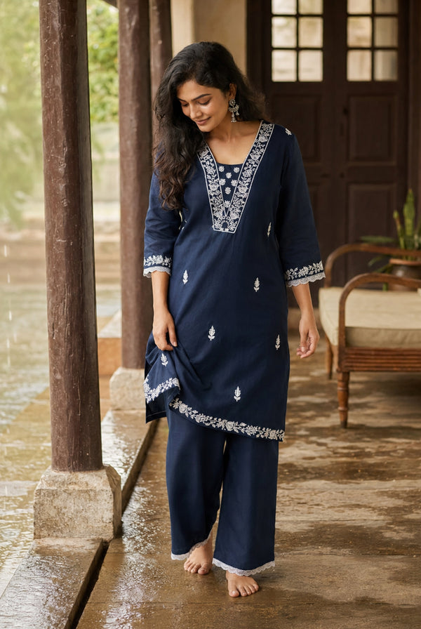 Midnight Blue Embroidered Cotton Long Kurti