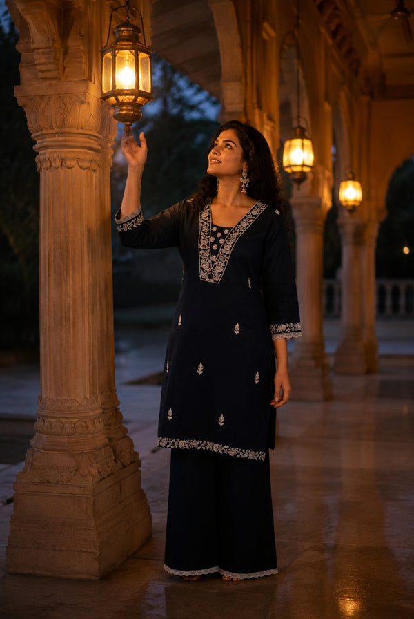 Midnight Blue Embroidered Cotton Long Kurti