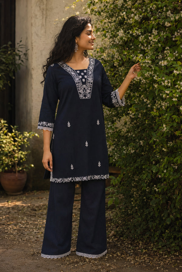 Midnight Blue Embroidered Cotton Long Kurti