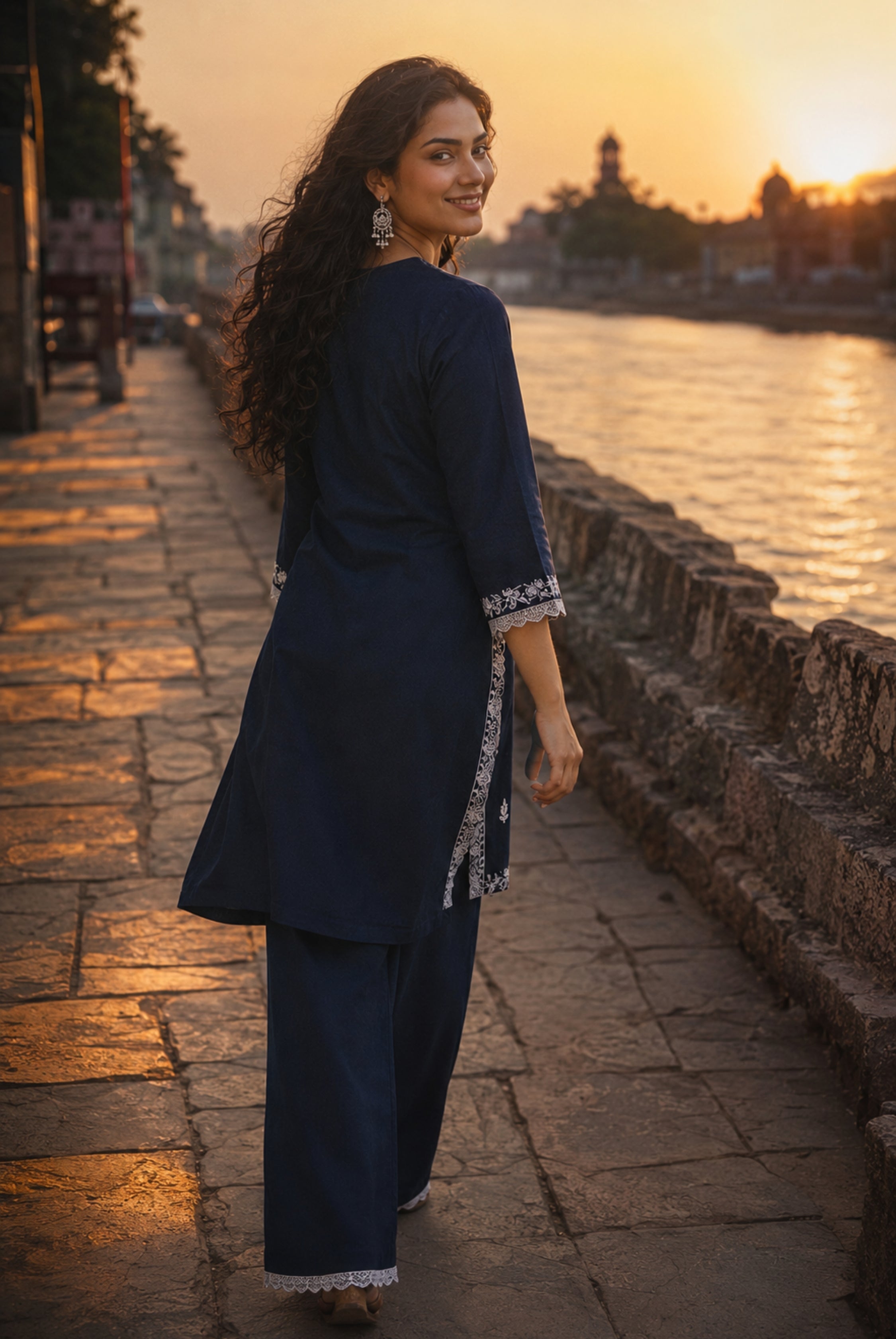 Midnight Blue Embroidered Cotton Long Kurti