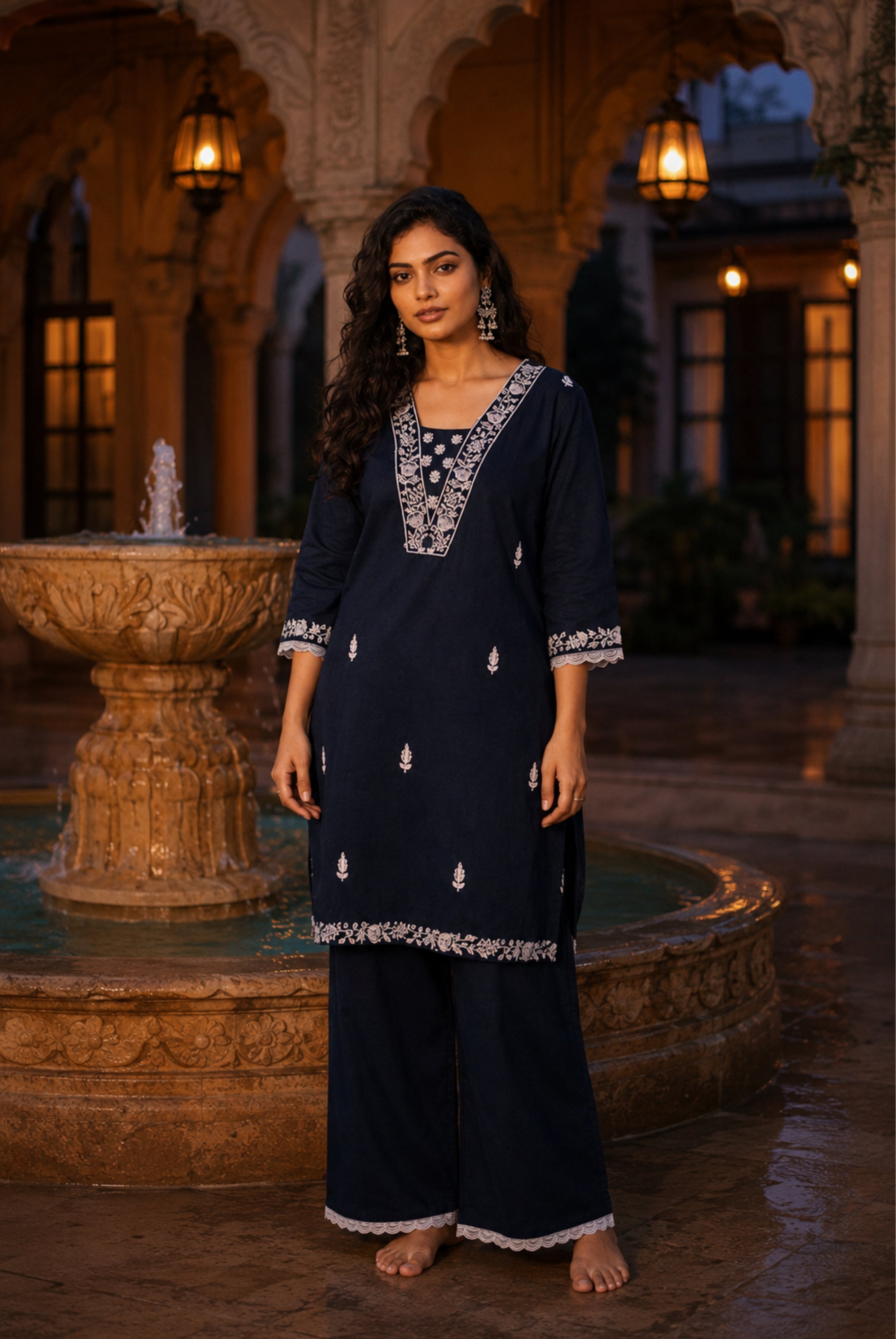 Midnight Blue Embroidered Cotton Long Kurti