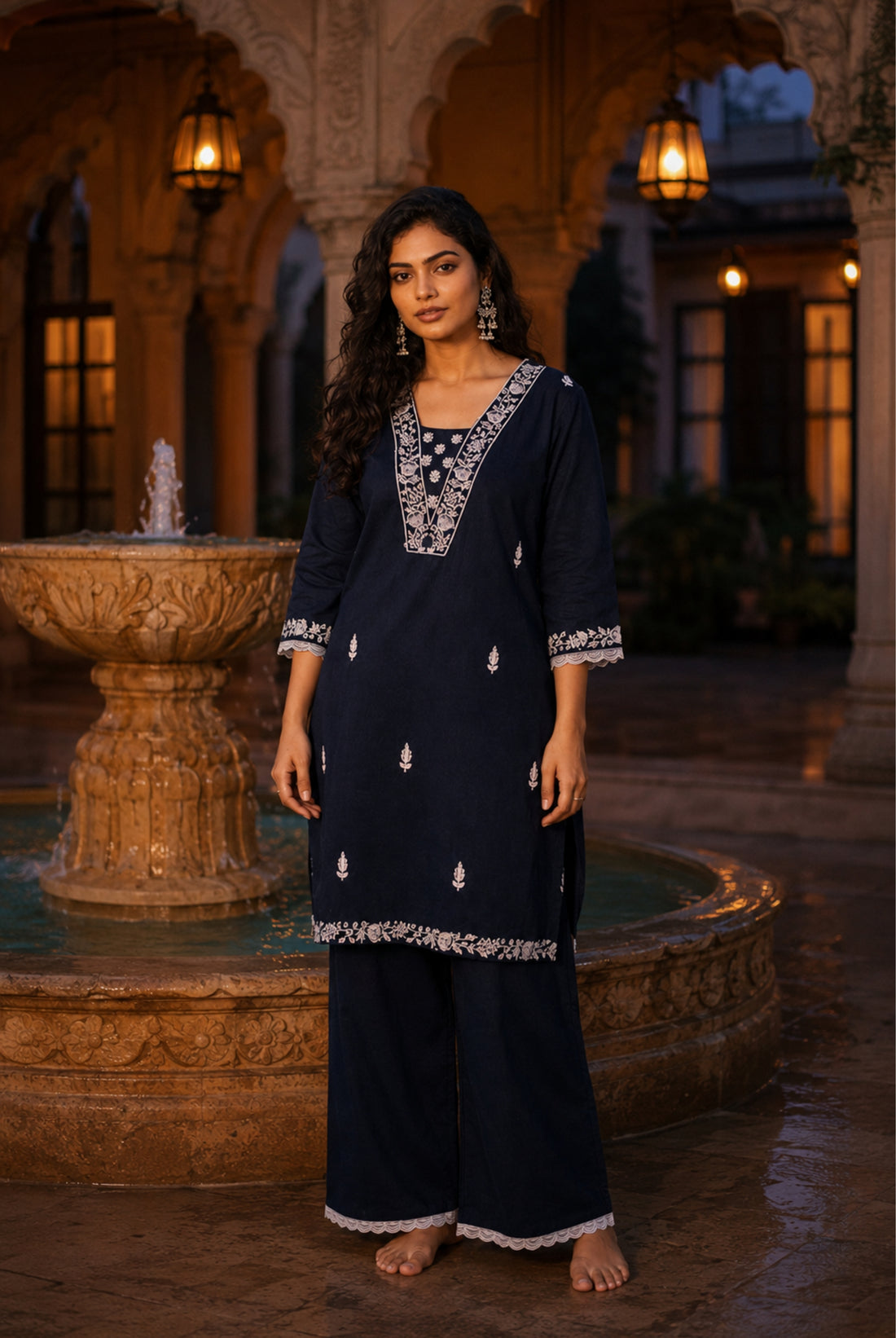 Midnight Blue Embroidered Cotton Long Kurti