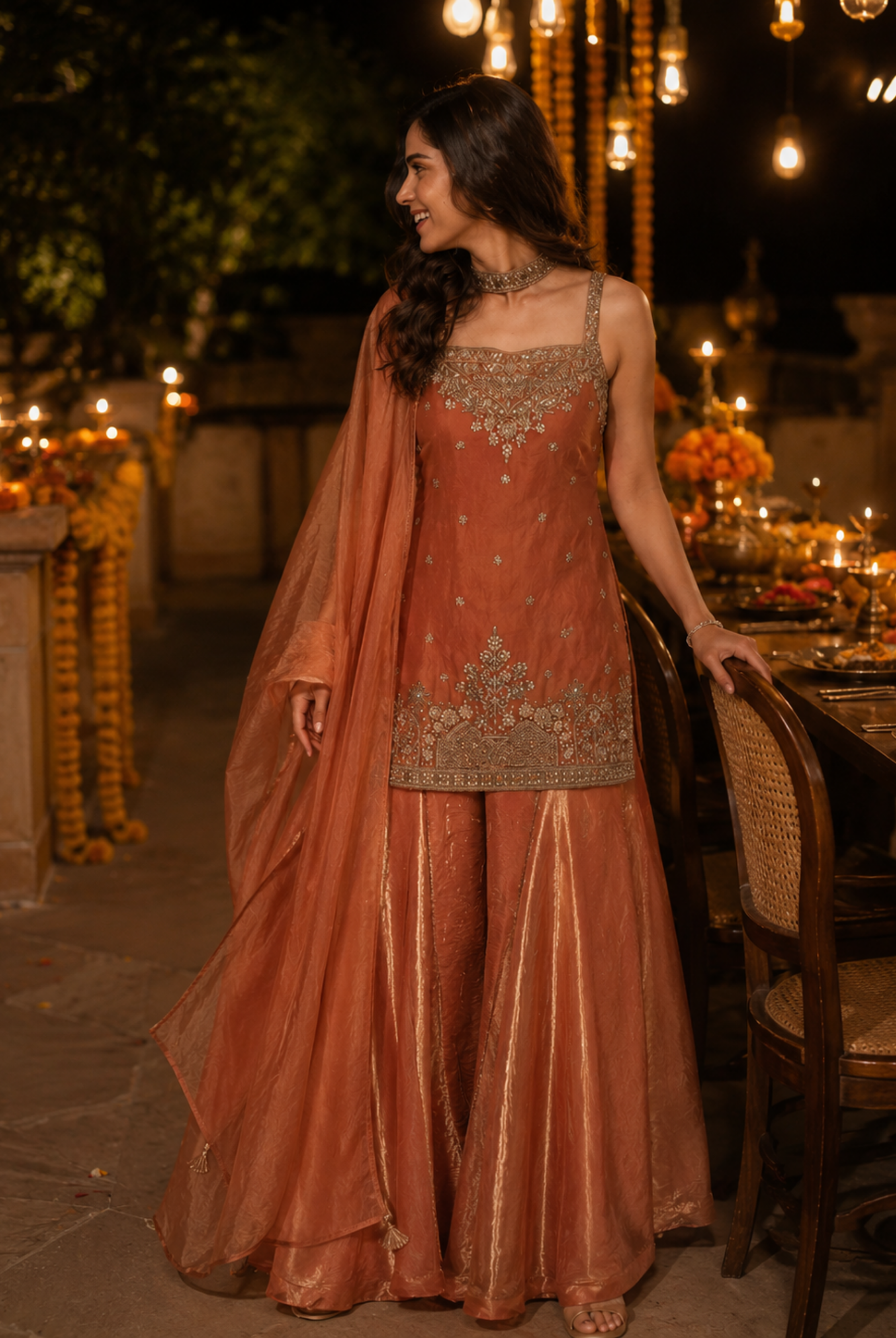 Rust Orange Embroidered Tora Silk Suit Set