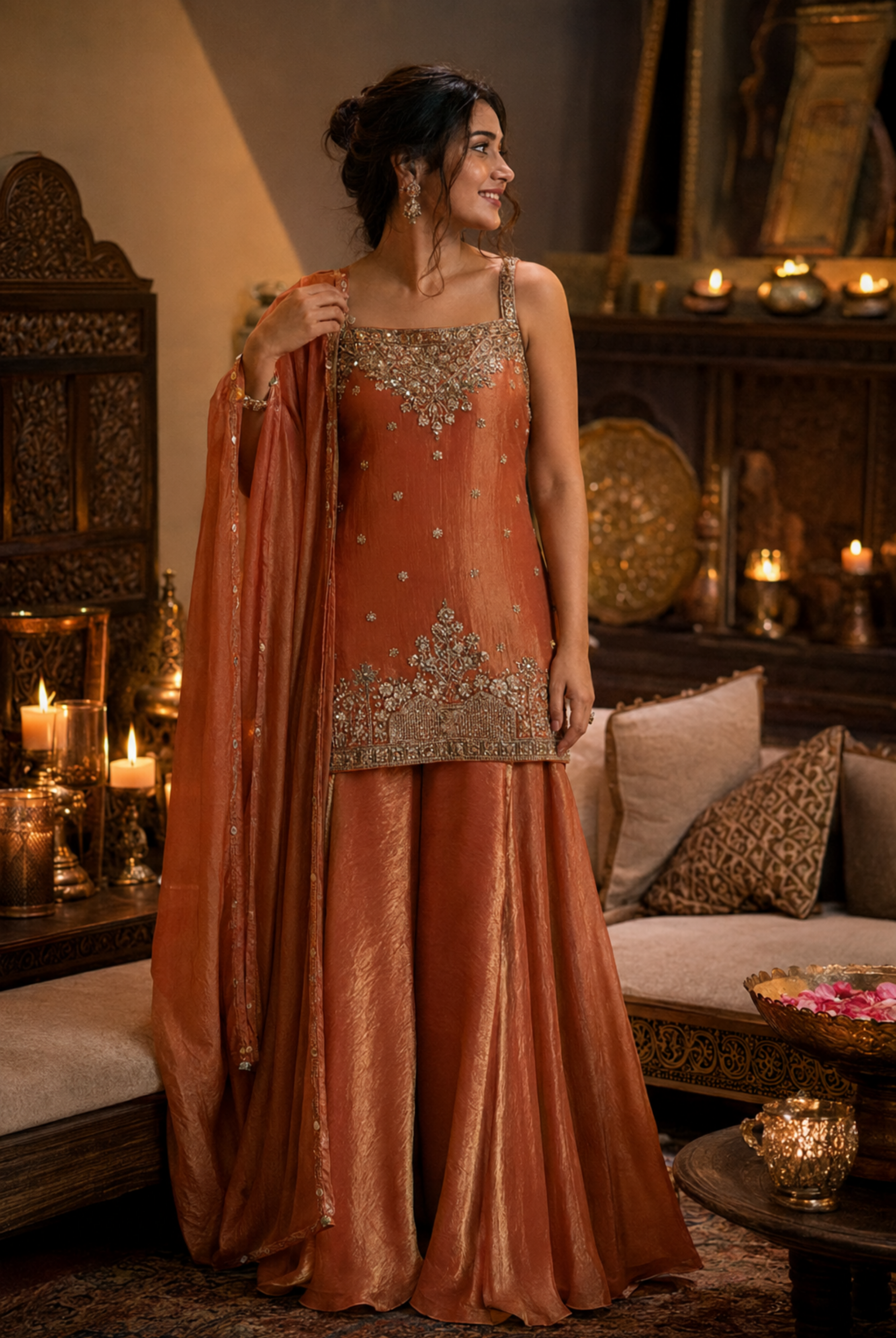 Rust Orange Embroidered Tora Silk Suit Set