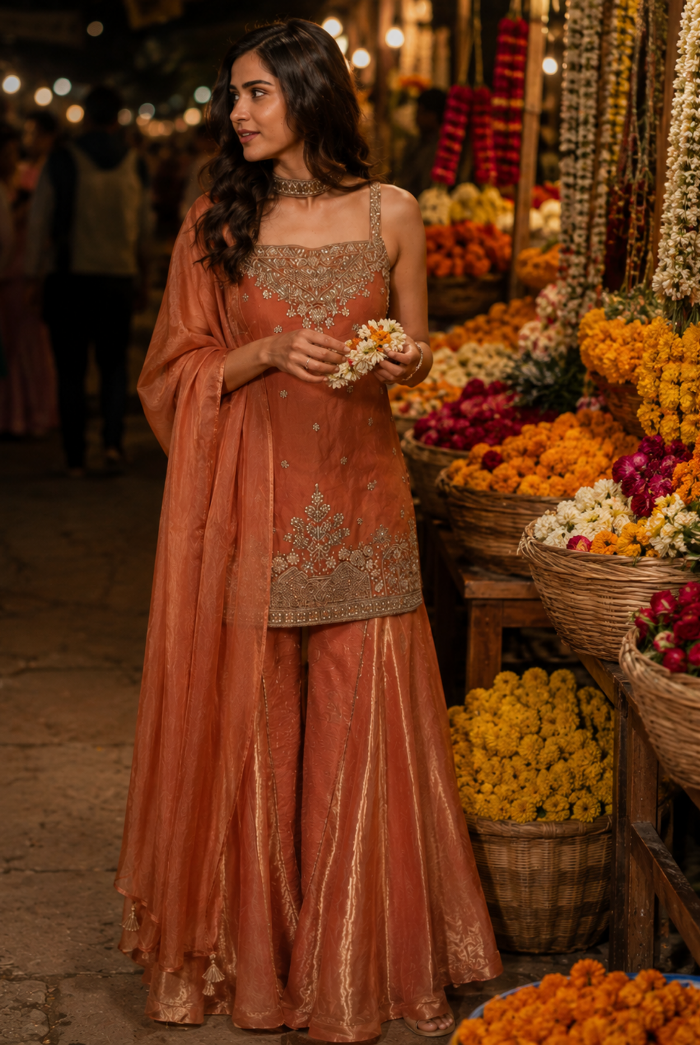 Rust Orange Embroidered Tora Silk Suit Set