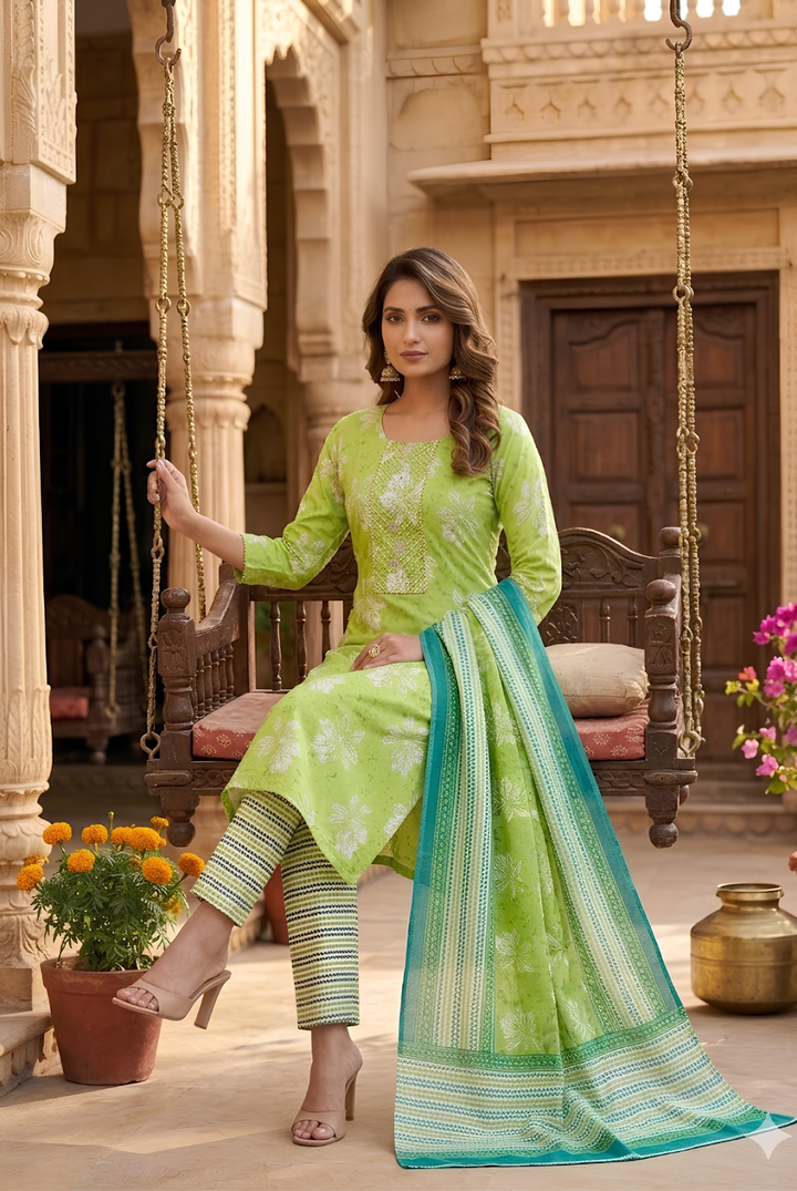 Lime Green Floral Printed Cotton Suit Set with Dupatta