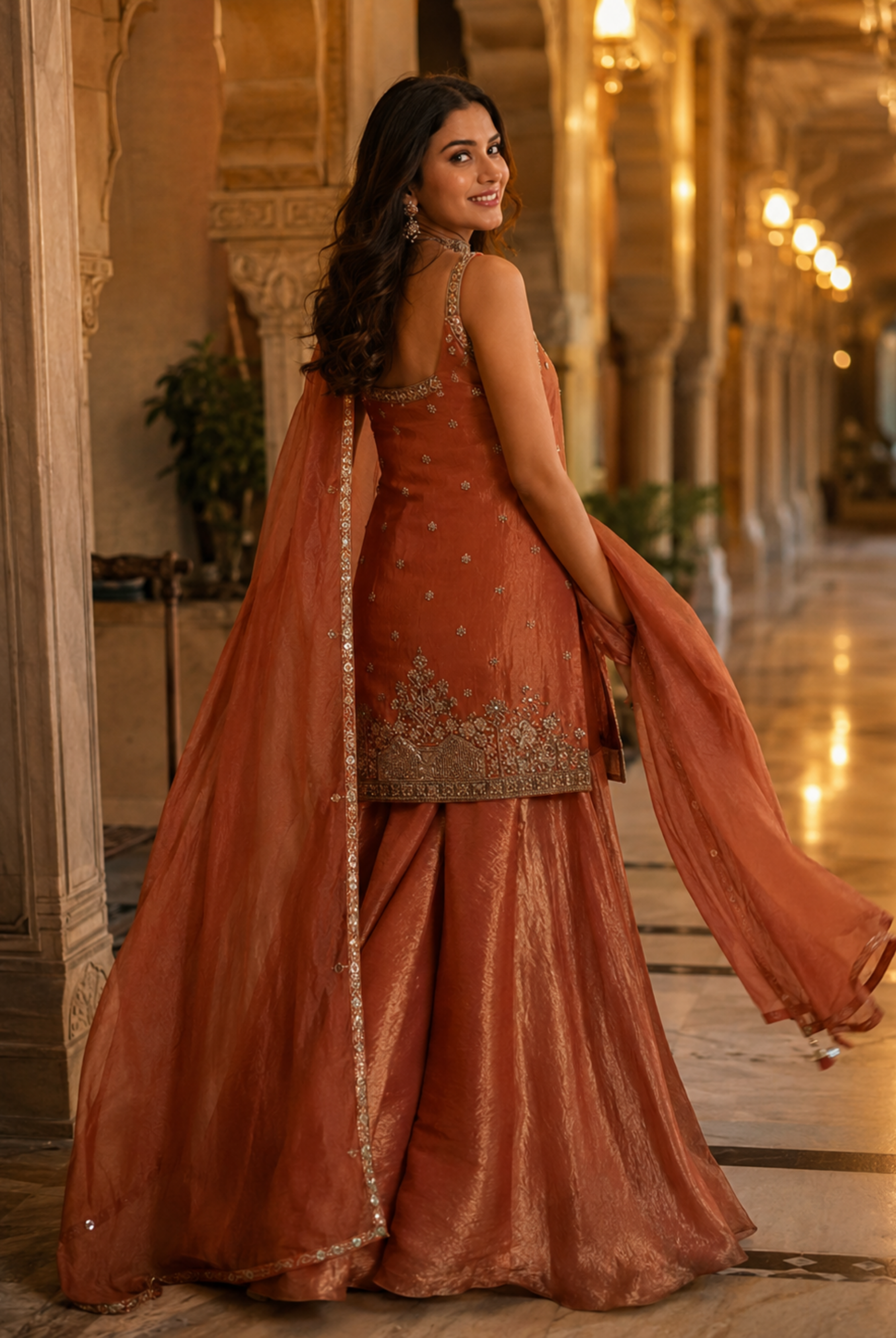Rust Orange Embroidered Tora Silk Suit Set
