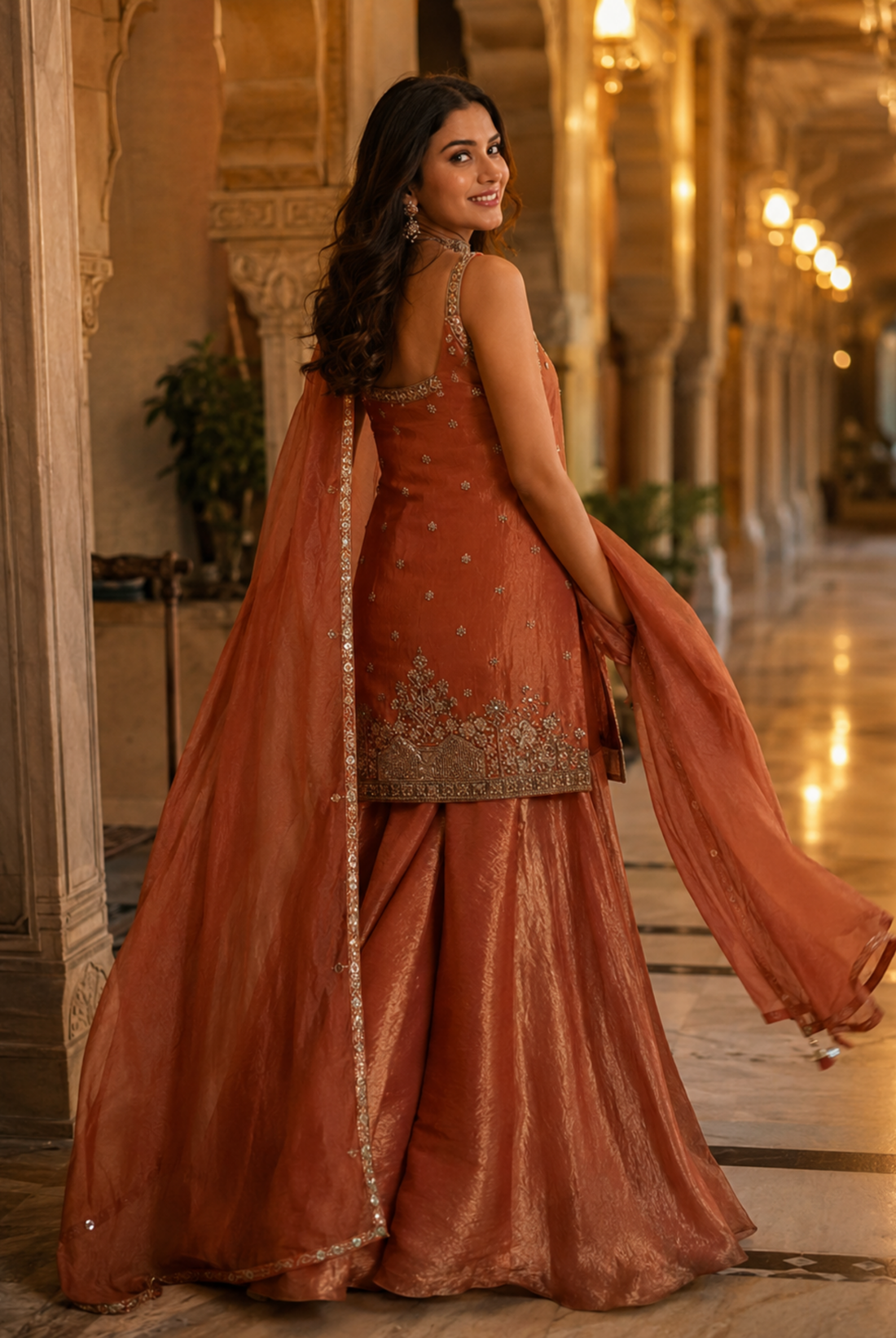 Rust Orange Embroidered Tora Silk Suit Set