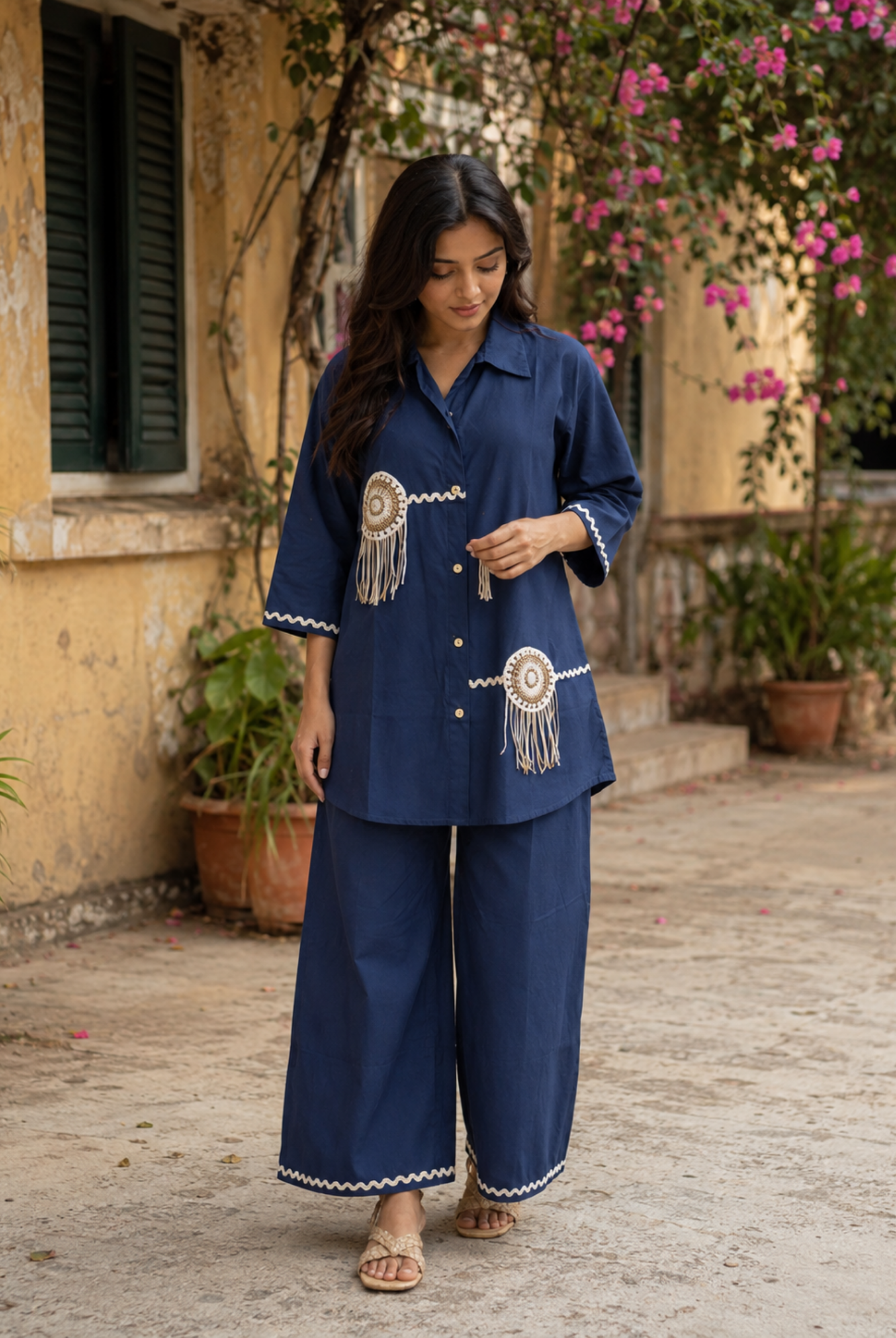 Navy Blue Cotton Embroidered Co-ord Set