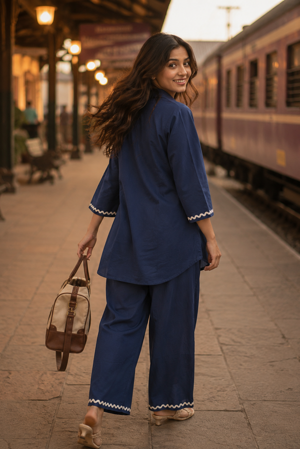 Navy Blue Cotton Embroidered Co-ord Set