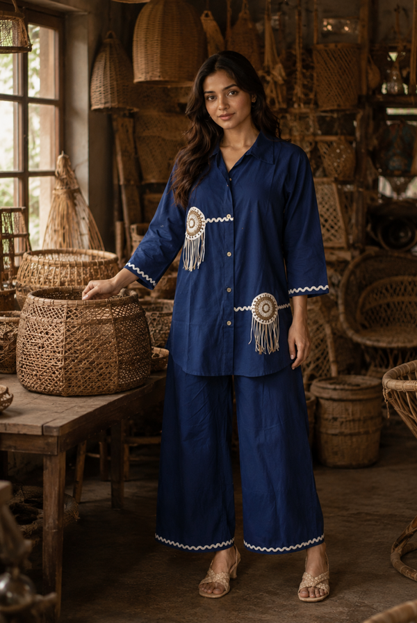 Navy Blue Cotton Embroidered Co-ord Set
