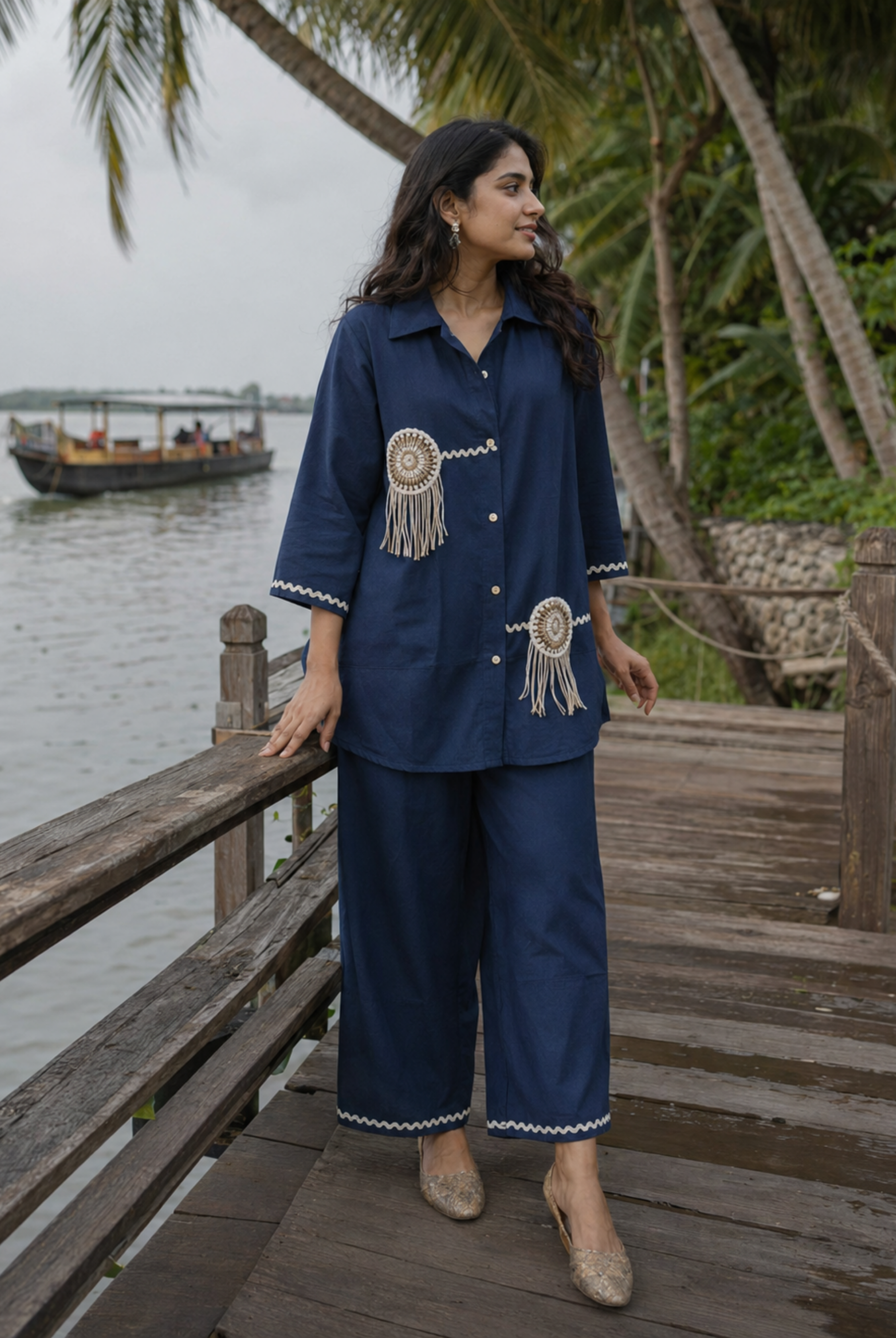 Navy Blue Cotton Embroidered Co-ord Set