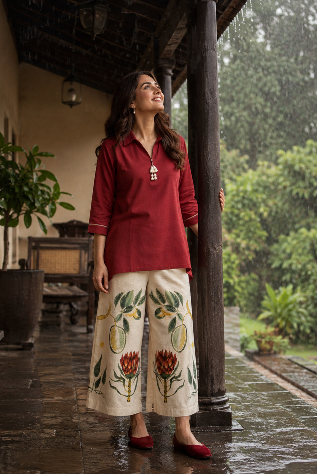 Red Cotton Kurta with Floral Printed Palazzo Set