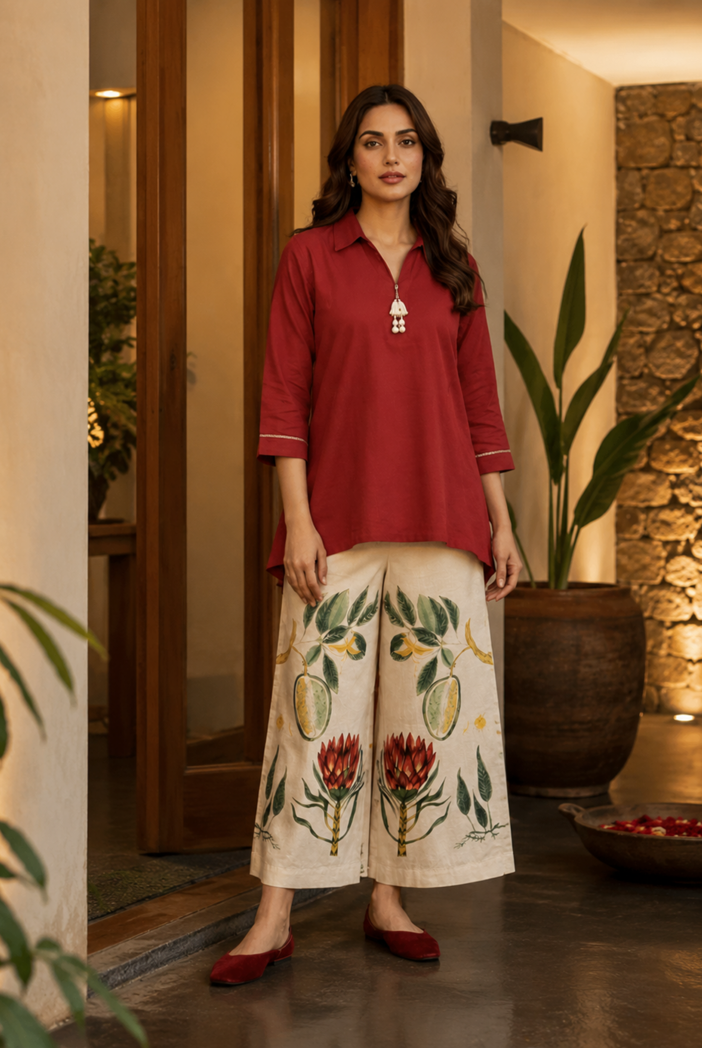 Red Cotton Kurta with Floral Printed Palazzo Set
