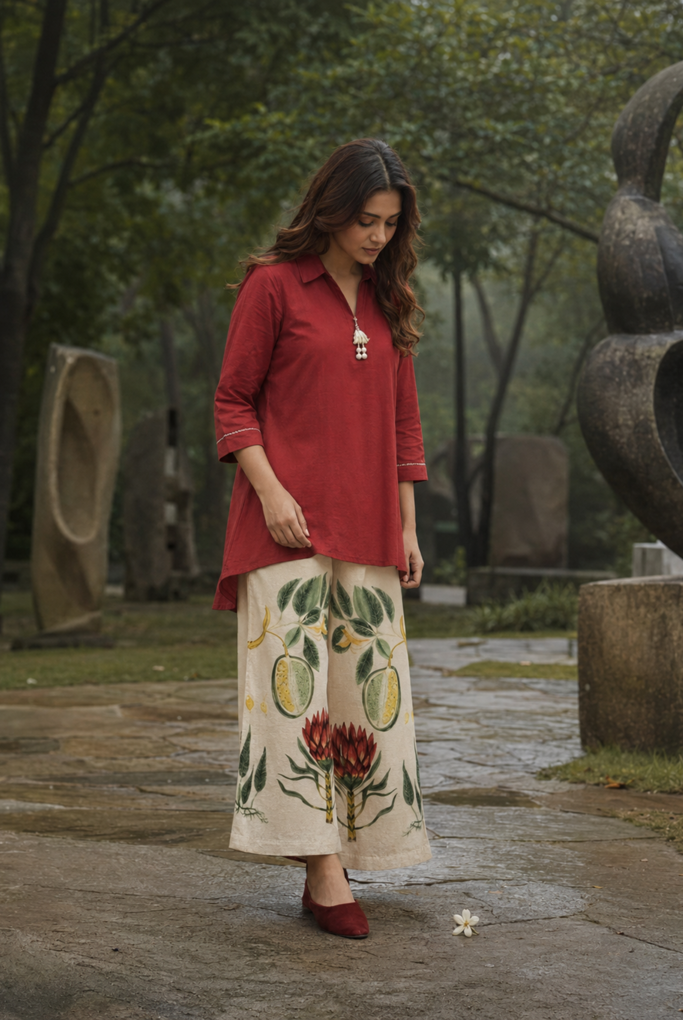 Red Cotton Kurta with Floral Printed Palazzo Set