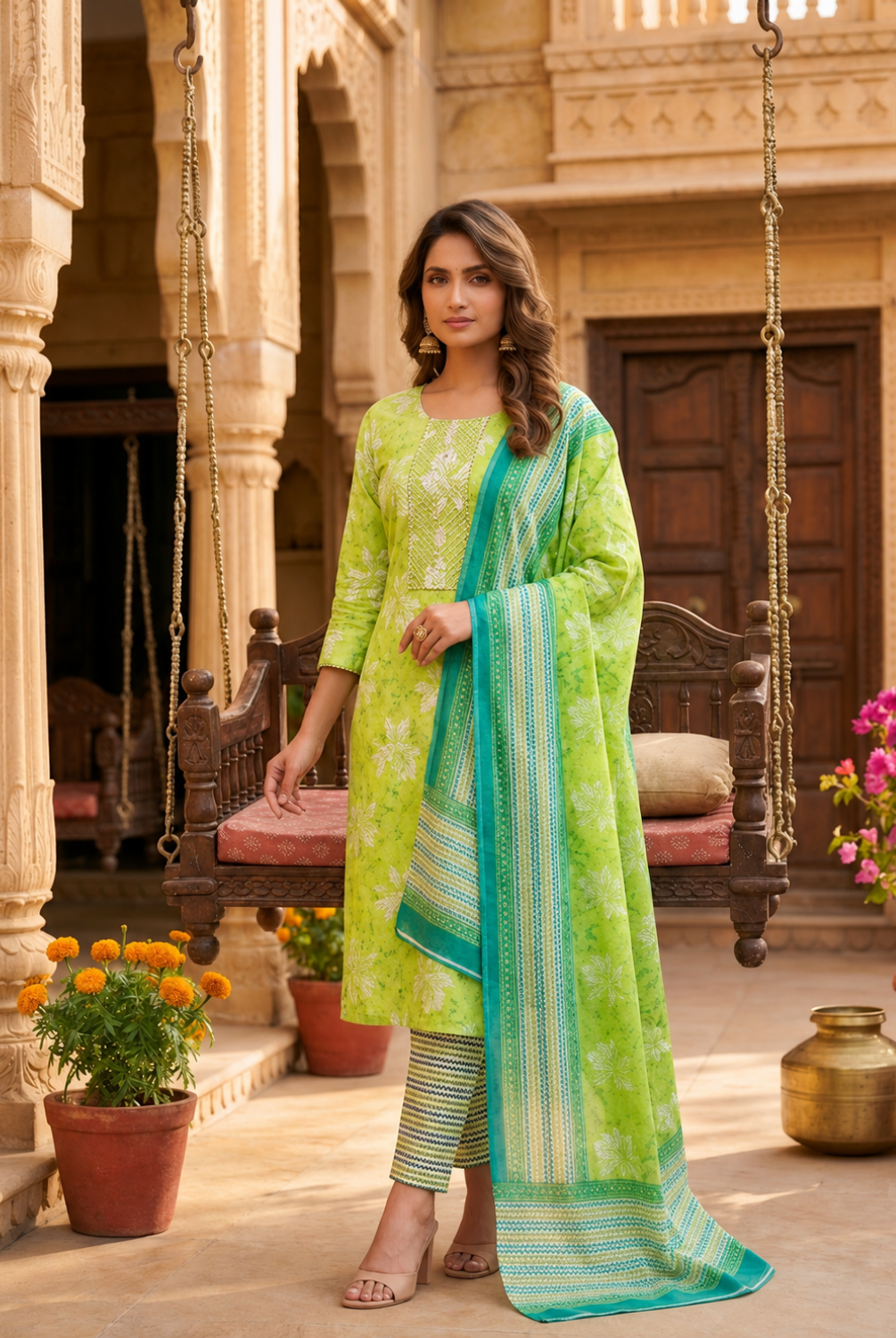 Lime Green Floral Printed Cotton Suit Set with Dupatta