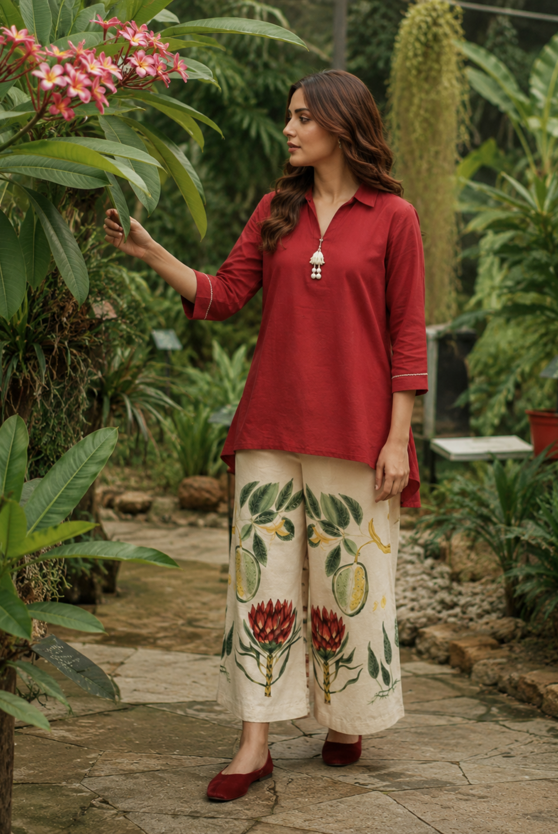Red Cotton Kurta with Floral Printed Palazzo Set