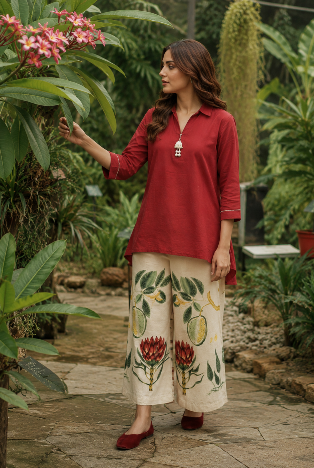 Red Cotton Kurta with Floral Printed Palazzo Set