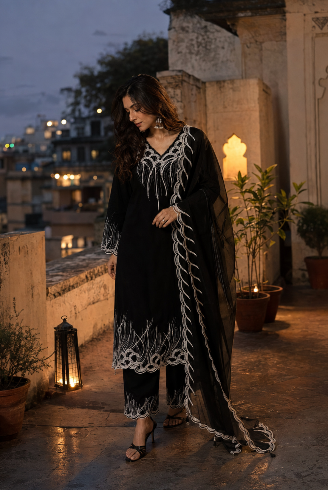 Black & White Embroidered Fox Georgette Suit Set