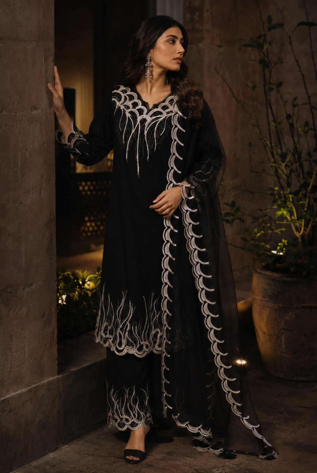 Black & White Embroidered Fox Georgette Suit Set