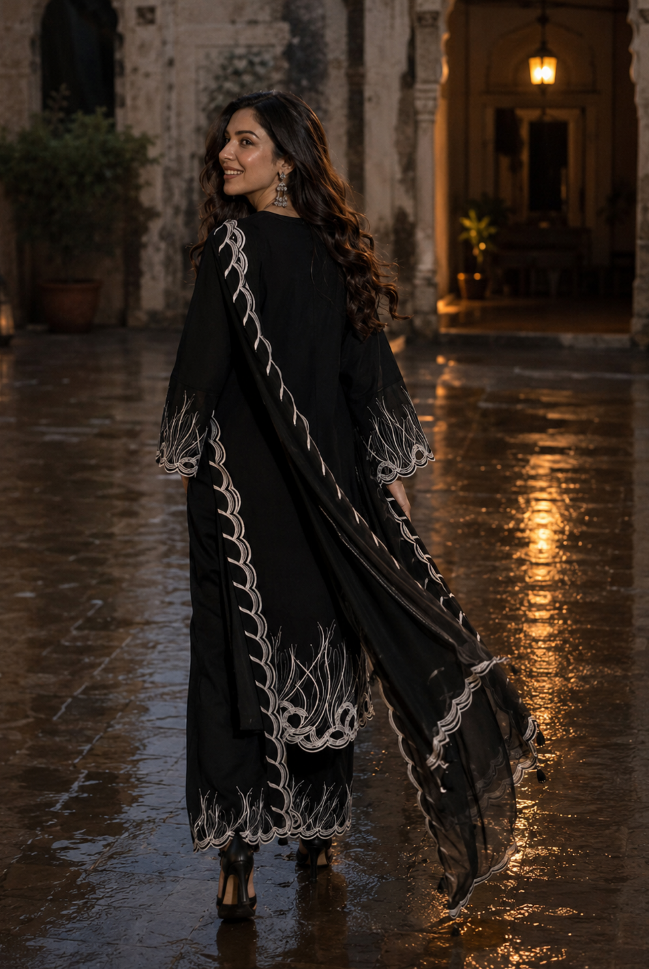 Black & White Embroidered Fox Georgette Suit Set