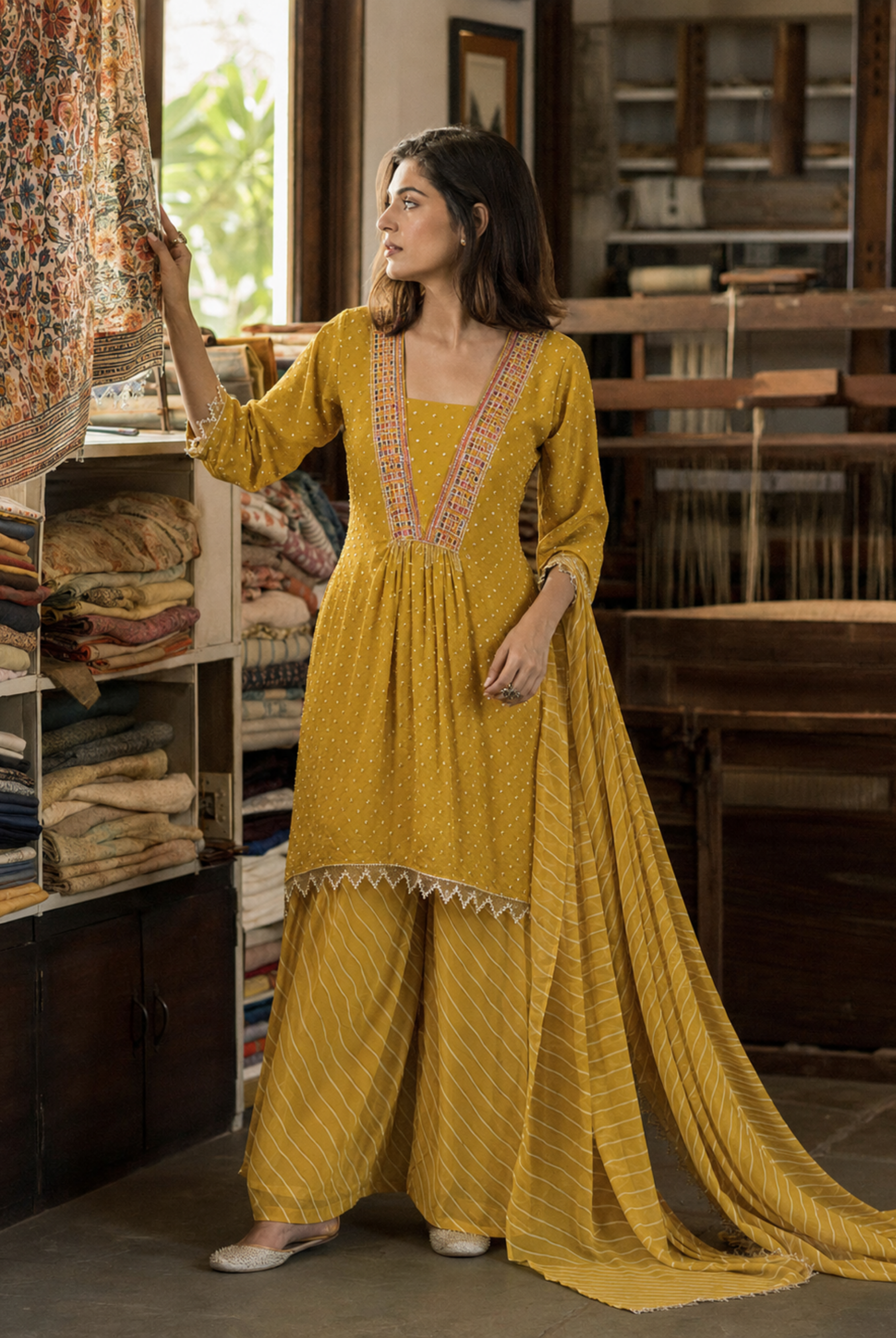 Mustard Yellow Printed Premium Georgette Suit Set
