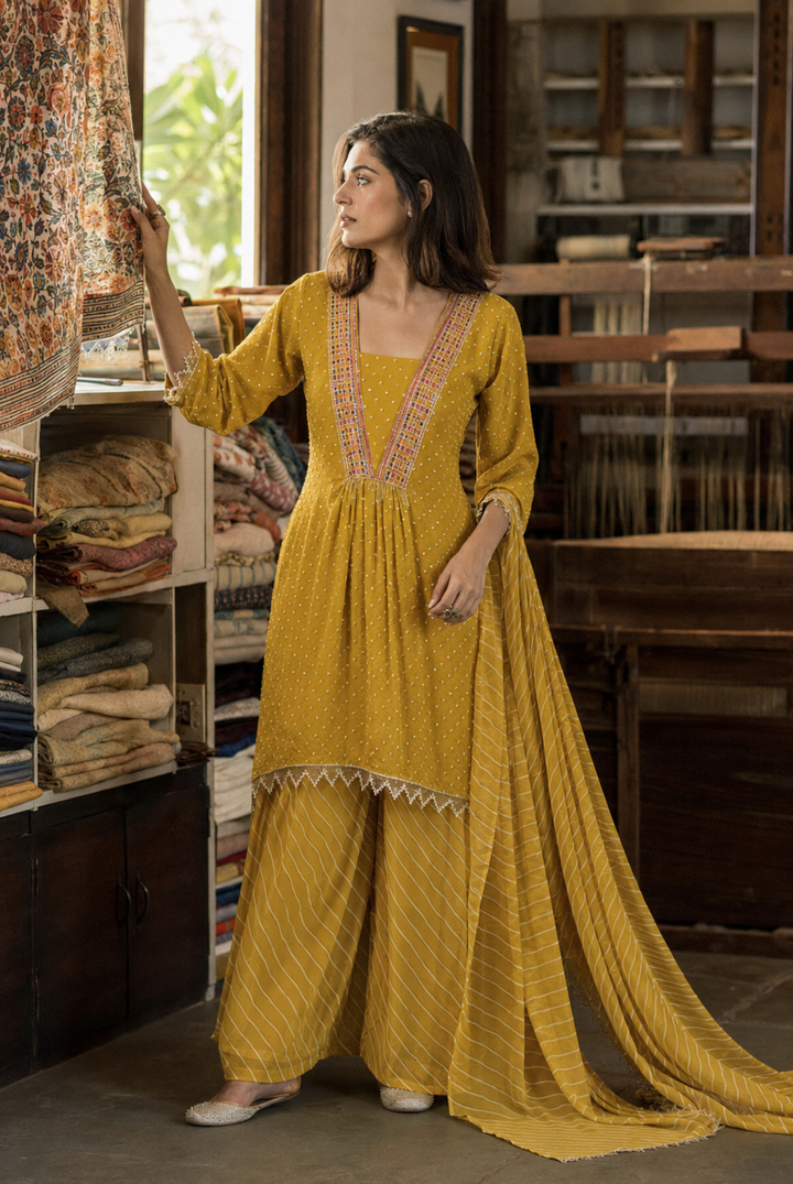 Mustard Yellow Printed Premium Georgette Suit Set