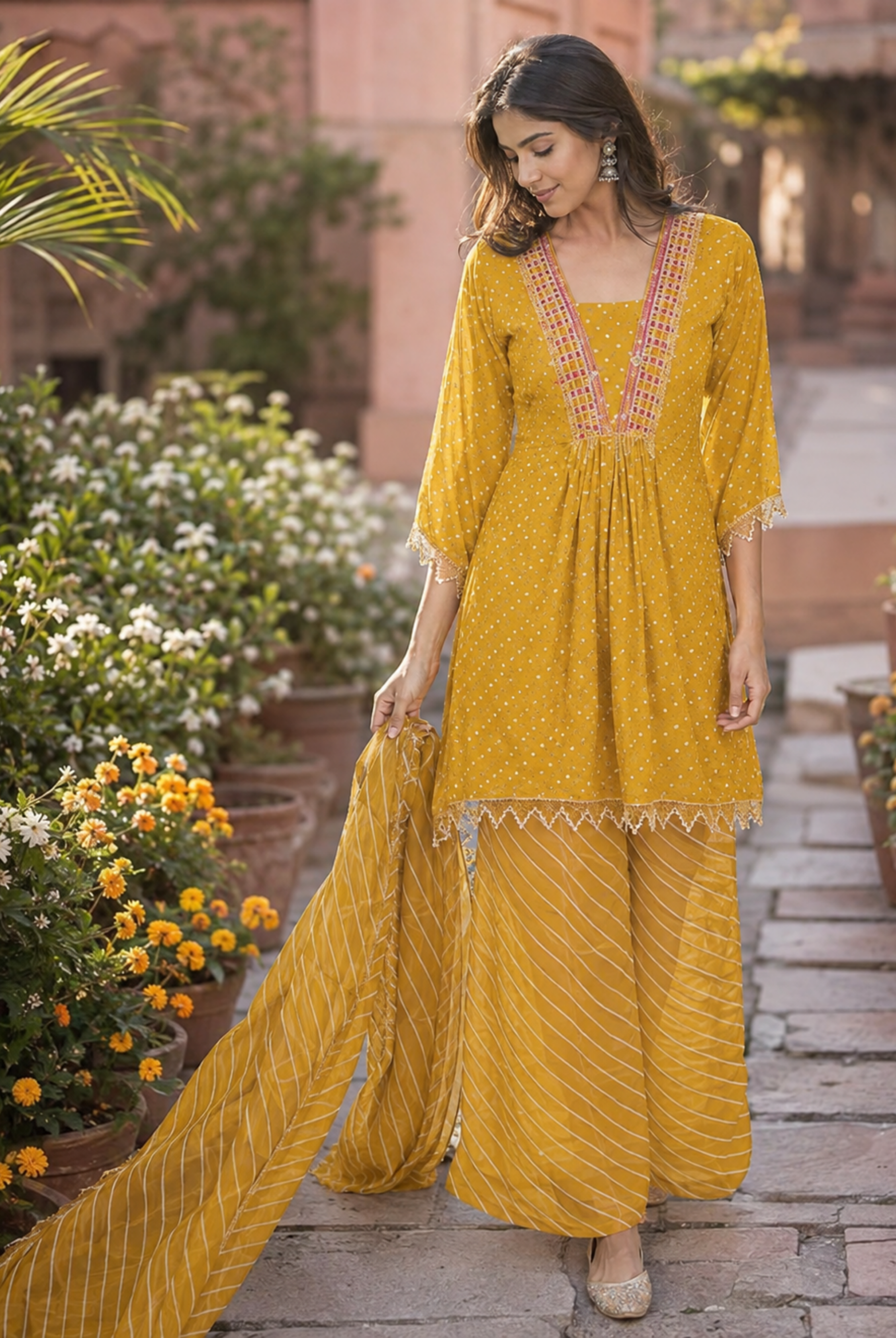 Mustard Yellow Printed Premium Georgette Suit Set