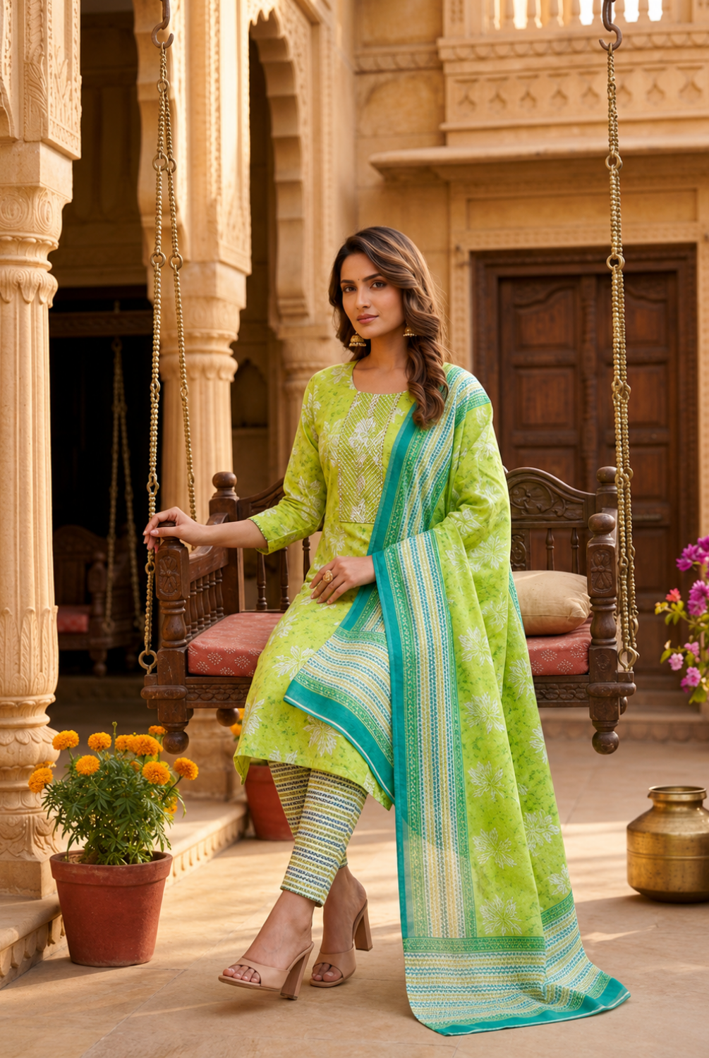 Lime Green Floral Printed Cotton Suit Set with Dupatta