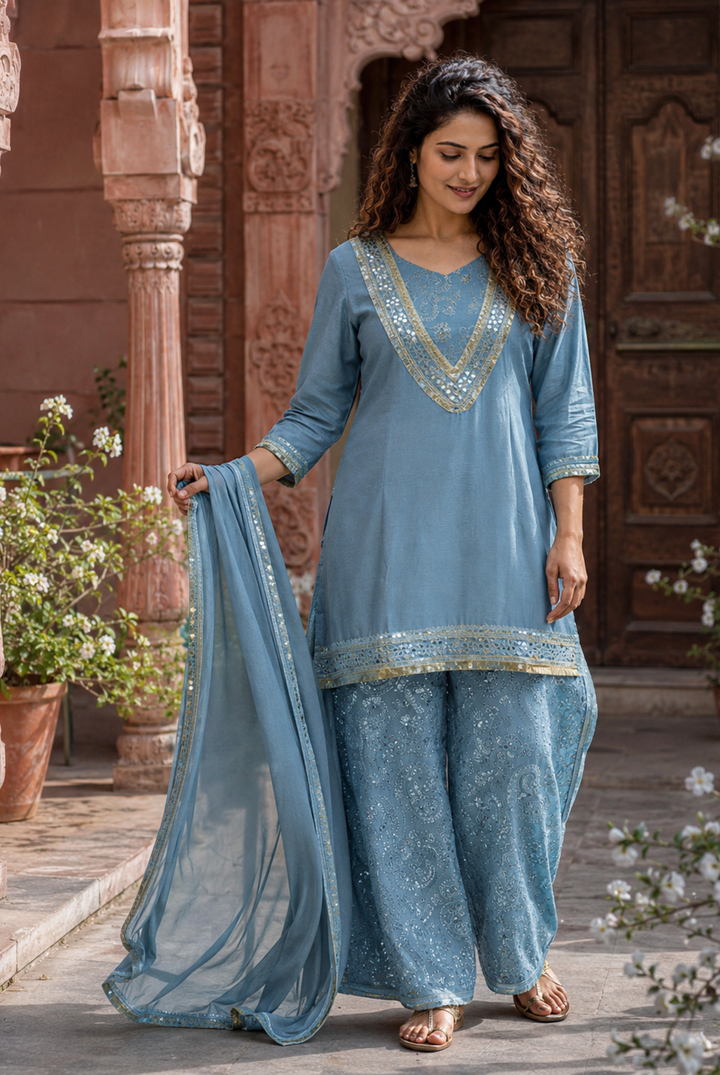Sky Blue Printed Cinon Suit Set with Embellished Neckline