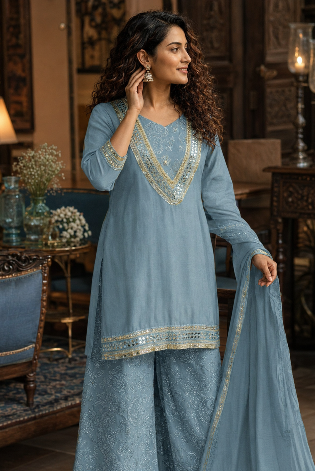 Sky Blue Printed Cinon Suit Set with Embellished Neckline