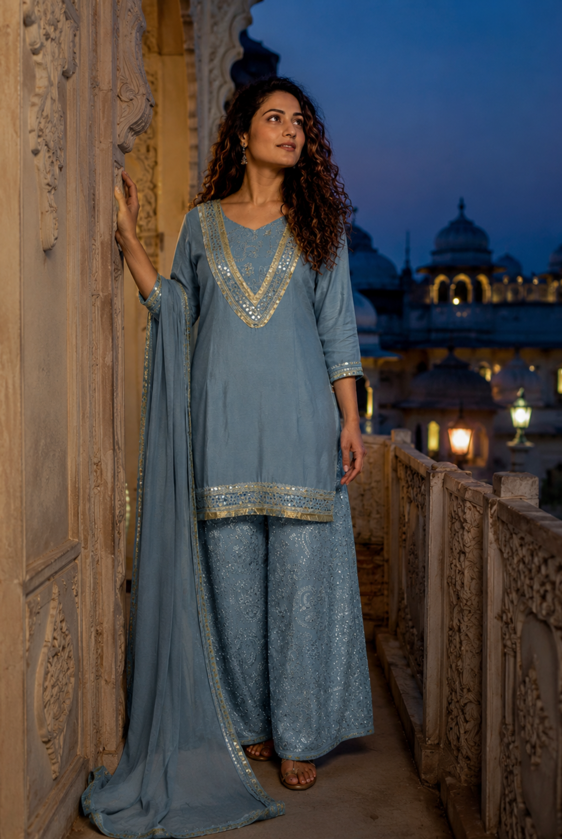 Sky Blue Printed Cinon Suit Set with Embellished Neckline